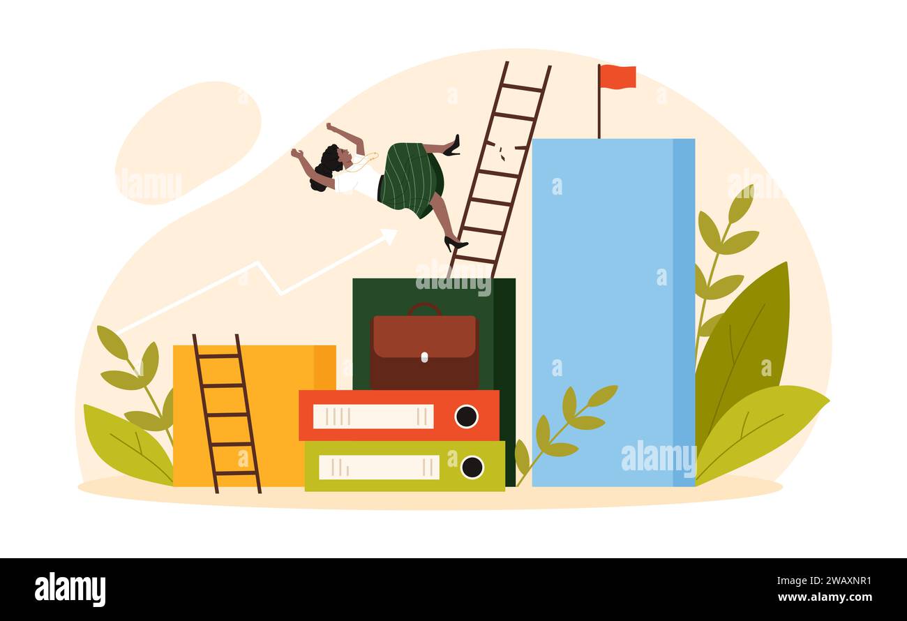 Career failure, problem of professional crisis. Unhappy tiny businesswoman climbing ladder to flag and falling due to broken step, business difficulty and fail of woman cartoon vector illustration Stock Vector