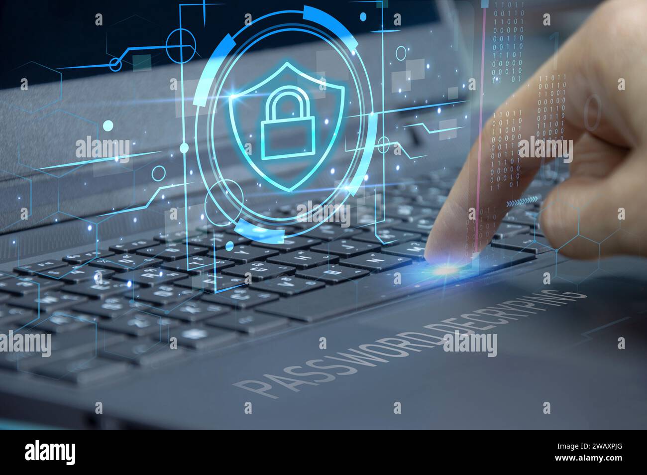 Keypad, cyber shield, lock, technology security system. Digital link. Cyber security with advanced technology. Stock Photo