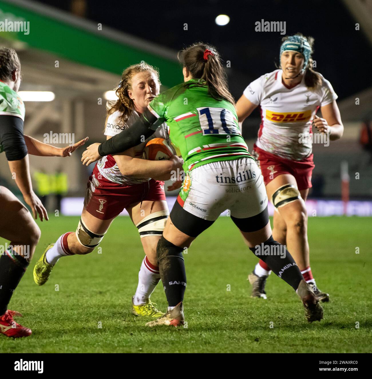 Harlequins Abbie Fleming and Leicester Tigers Natasha Jones in action