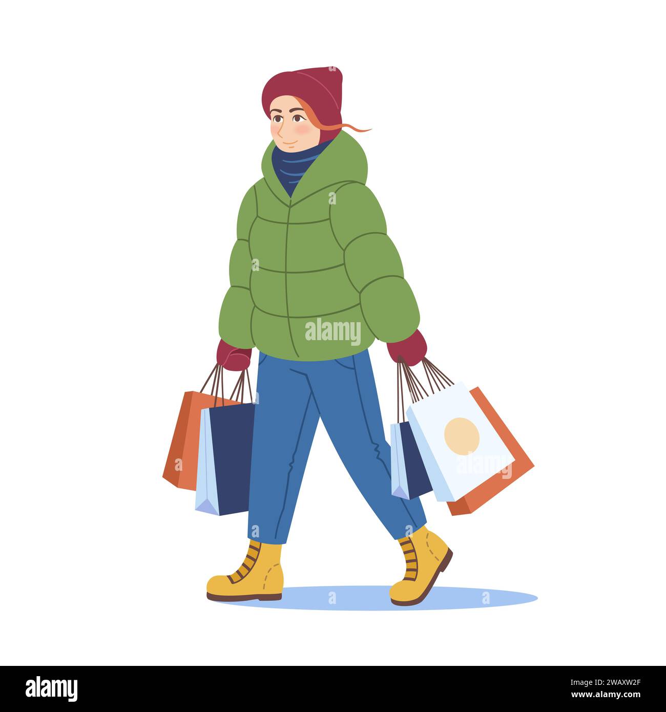 Woman in winter clothes going with a lot of bags, preparing presents for winter holiday. winter season shopping. Flat design. Vector illustration isolated on white background Stock Vector