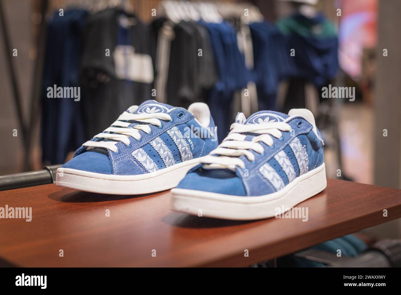 Adidas Originals Campus 00s blue denim shoes at a store on October 12, 2023 in Bangkok, Thailand. Stock Photo