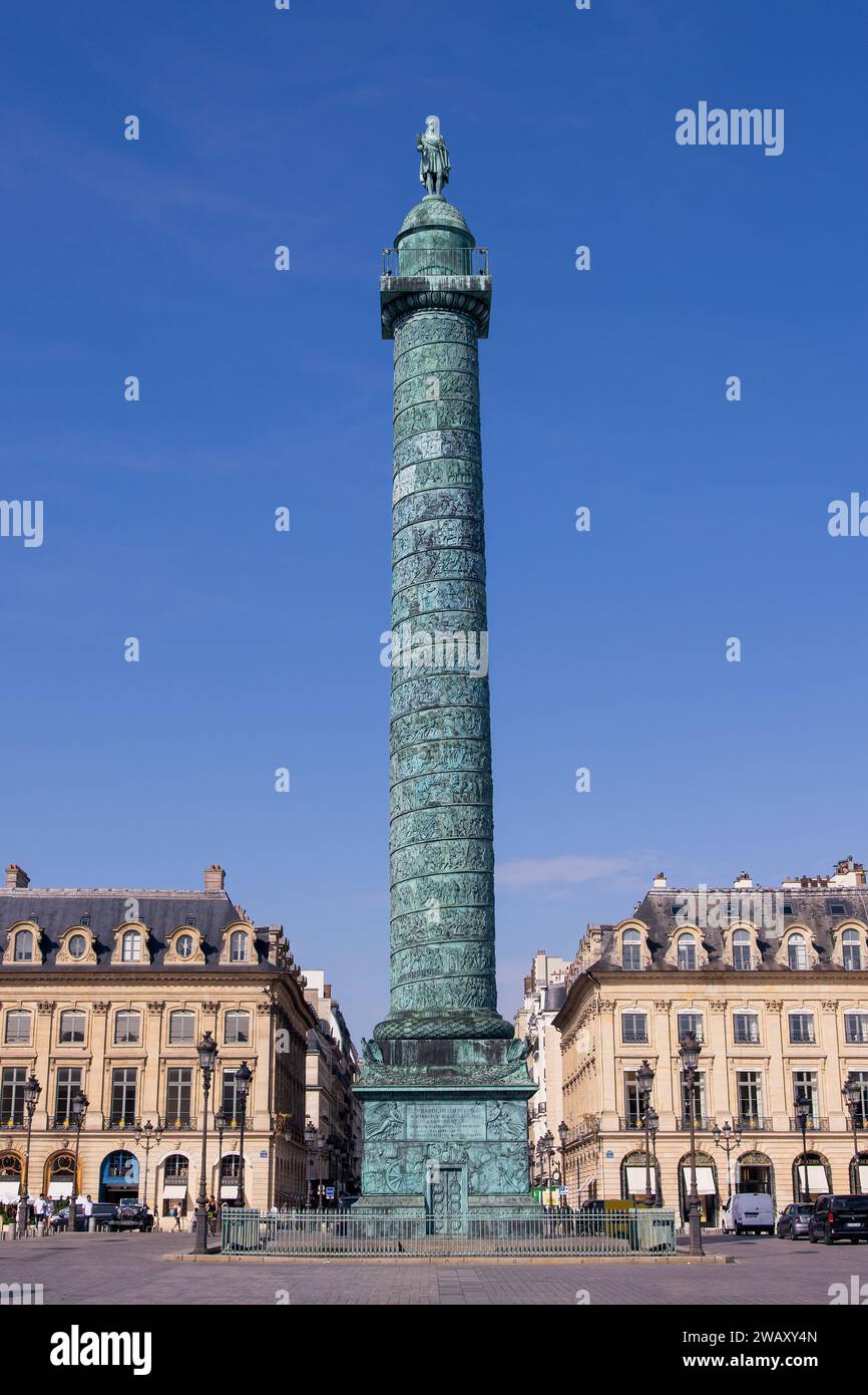 Vendôme Column, erected to celebrate the victory of Austerlitz in Place Vendome, Paris, France, Europe Stock Photo