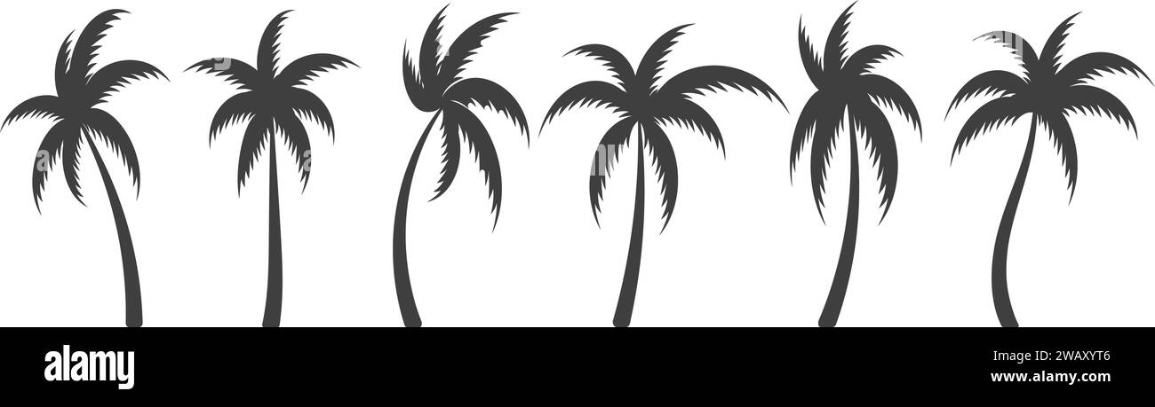 Black palm trees. Bending monochrome palms tree silhouettes, paradise ...