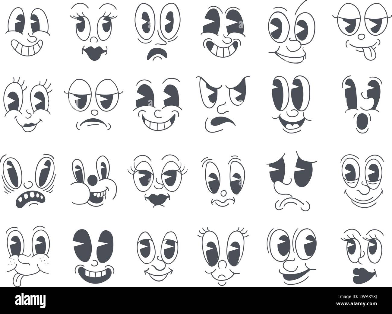Facial mascot 30s set. Vintage cartoon characters faces eyes, retro