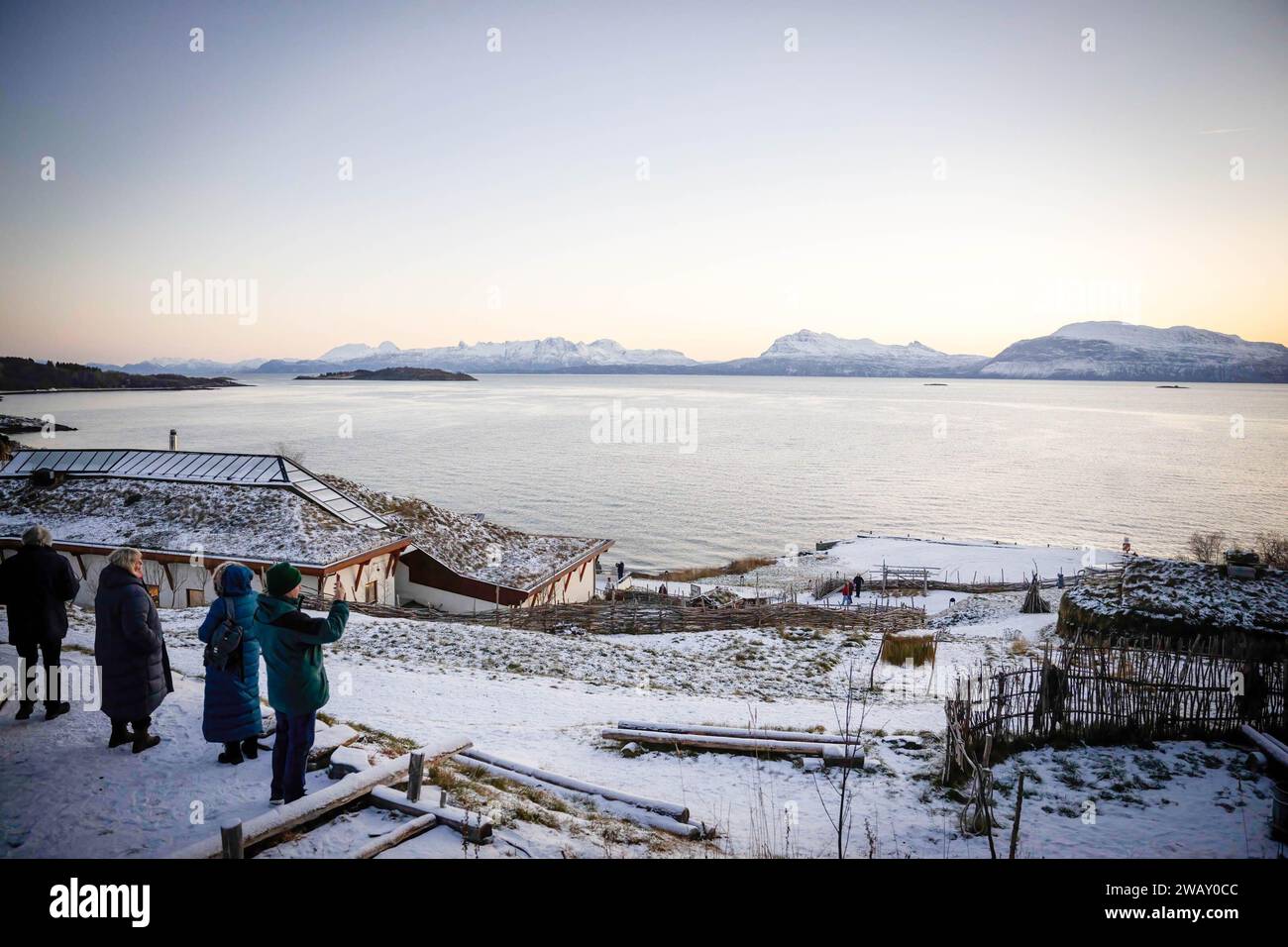 Berg, Norway. 13th Nov, 2023. People walk around a Sami settlement