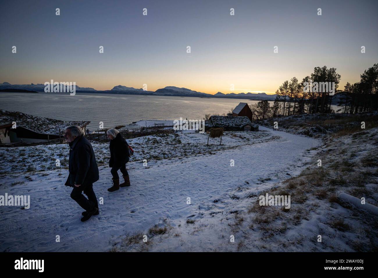 Berg, Norway. 13th Nov, 2023. People walk around a Sami settlement