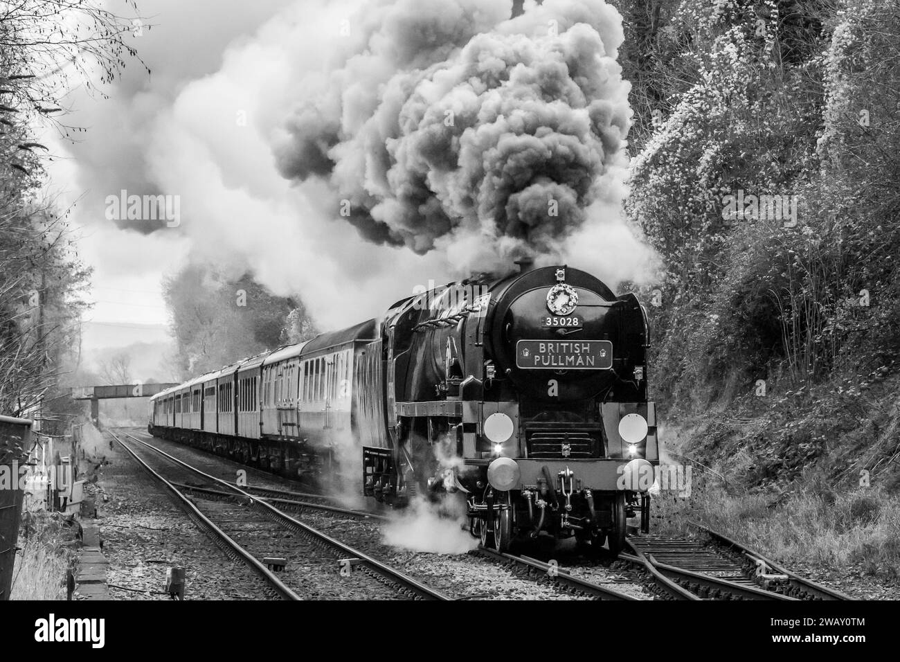 BR 'MN' 4-6-2 No. 35028 'Clan Line' approaches Betchworth station with a British Pullmans to London Victoria Stock Photo