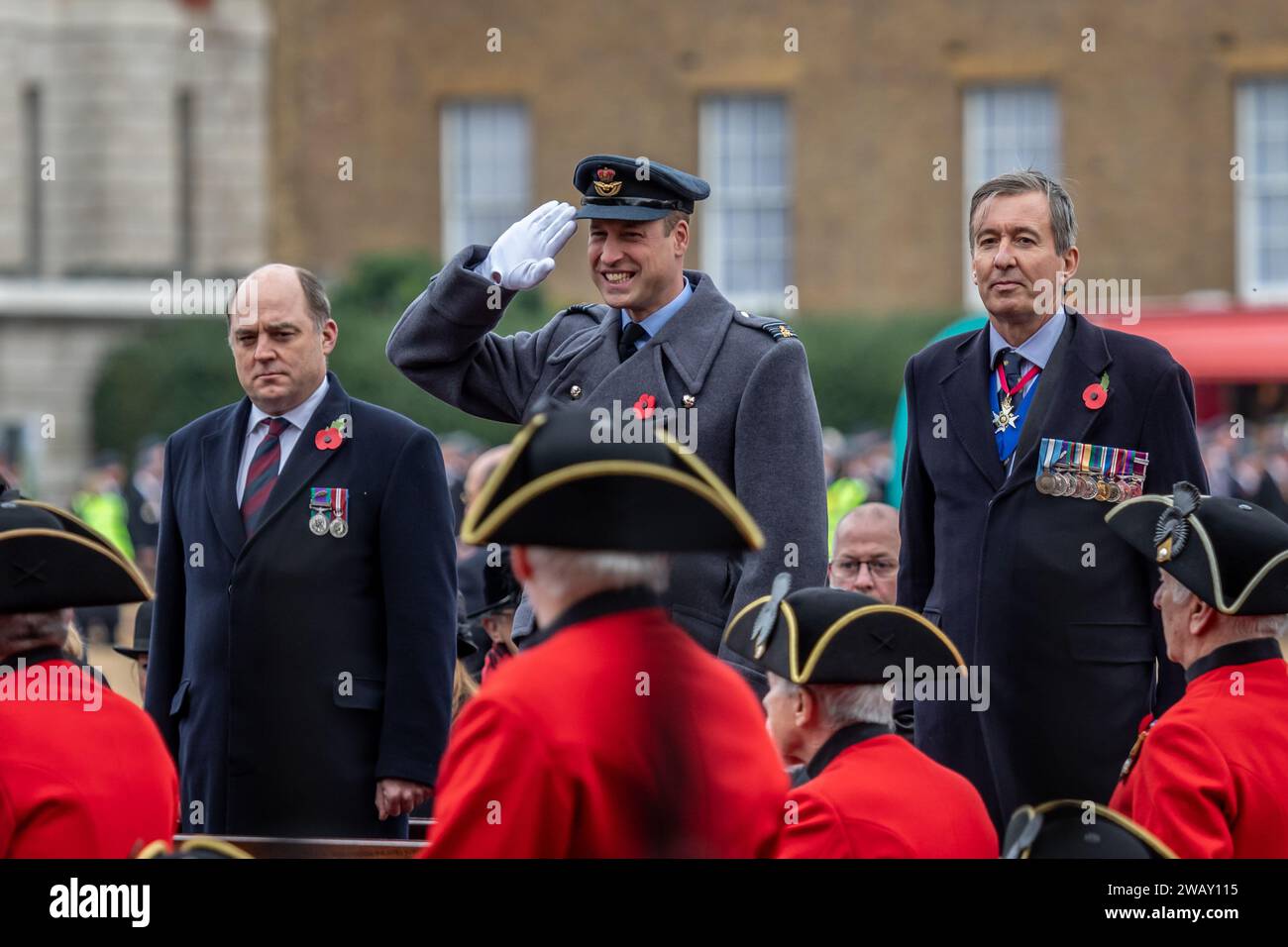 HRH Prince William takes the salute during Remembrance Sunday parade, Horse Guards Parade, London, UK Stock Photo