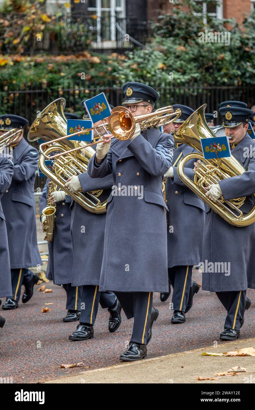Central Band of the Royal Air Force Trombonist, Birdcage Walk, London, UK Stock Photo