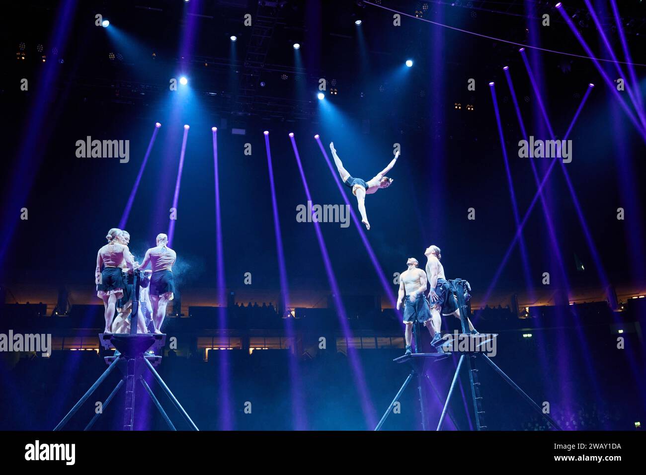 Berlin, Germany. 07th Jan, 2024. The 'Arctic Ensemble' from Finland presents its skills at the opening of the Berlin Gymnastics and Leisure Sports Federation's (BTFB) Fireworks of Gymnastics in the Mercedes-Benz Arena. Credit: Annette Riedl/dpa/Alamy Live News Stock Photo
