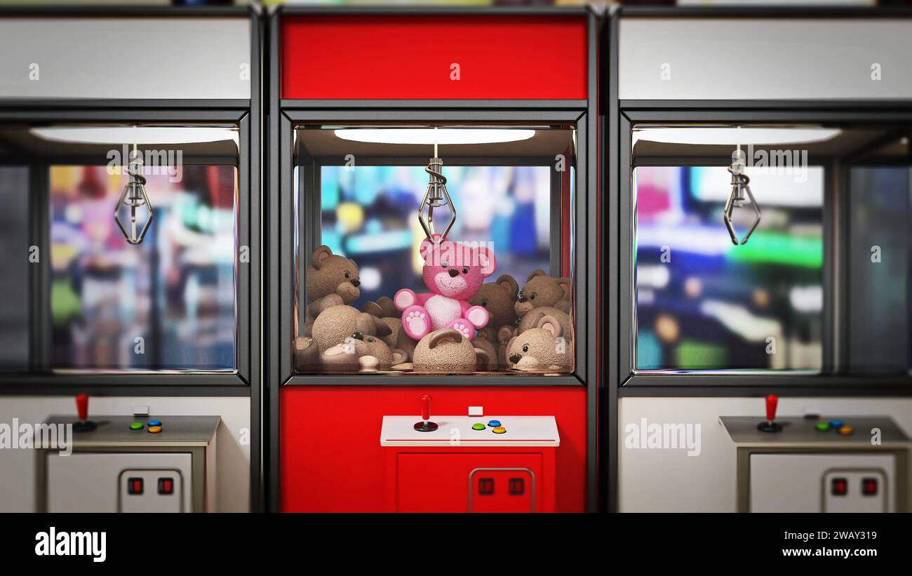 Red box stands out among toys vending machines with crane. 3D illustration. Stock Photo