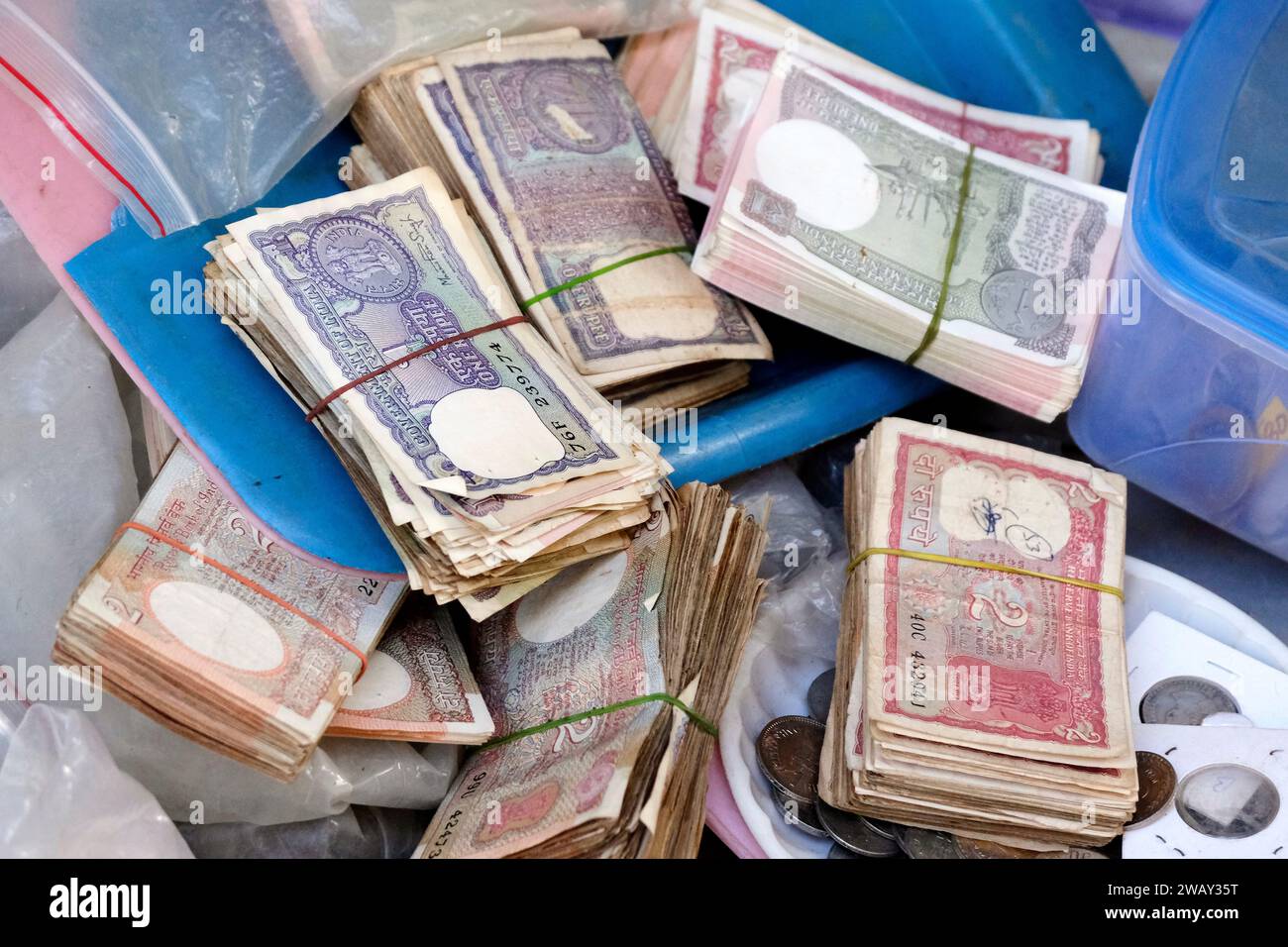 Rare Vintage Indian Currency, A background of old vintage Indian currency notes. Stock Photo