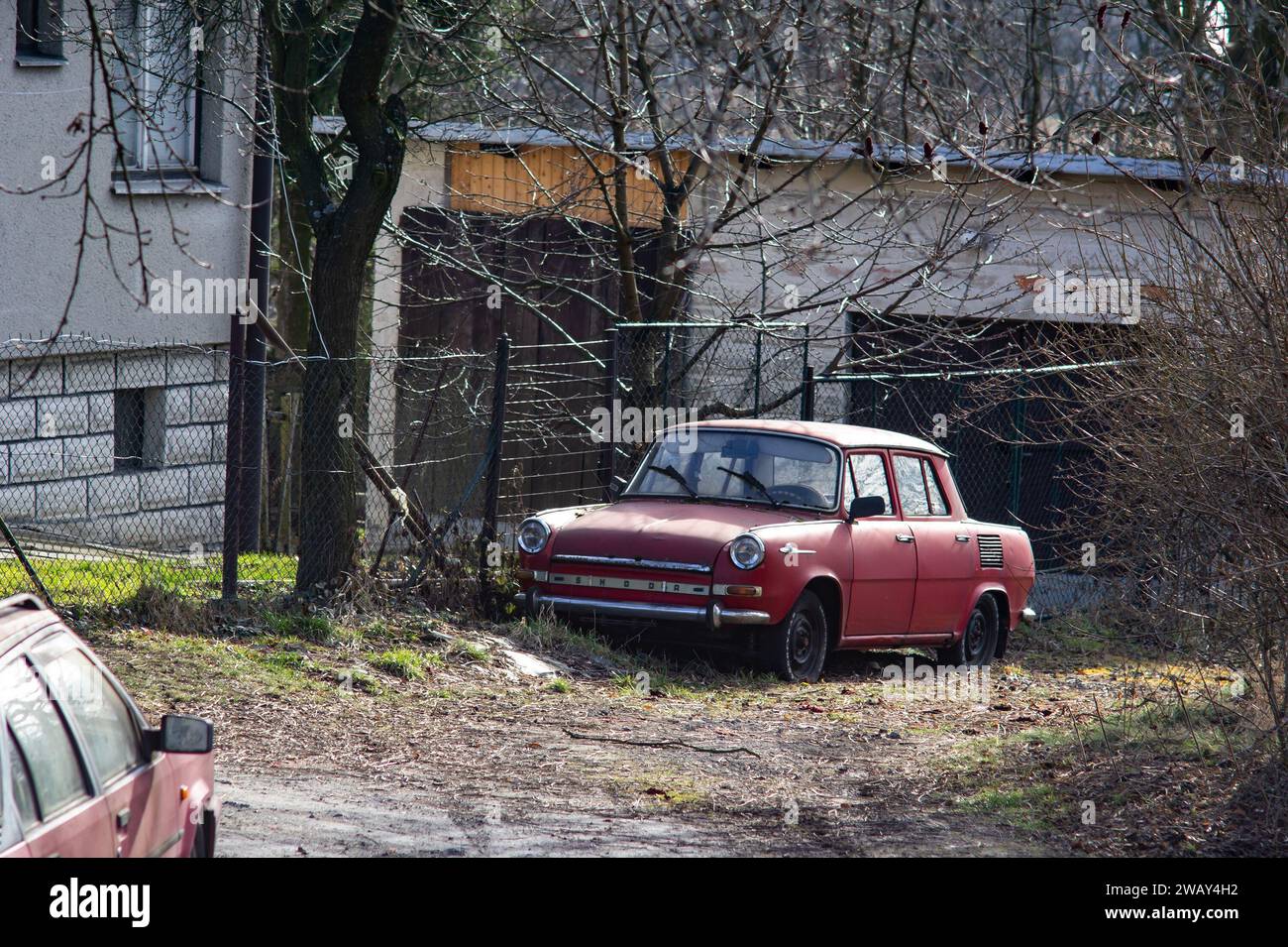 SENOV, CZECH REPUBLIC - FEBRUARY 7, 2016: Wreck of red facelifted Skoda 1000 MB made in 1969 Stock Photo