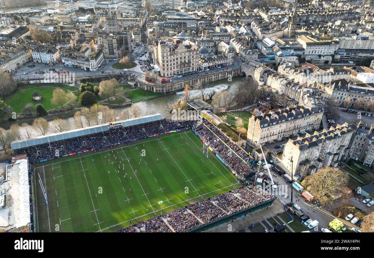 Drone view of Bath v Gloucester during the Gallagher Premiership match at the Recreation Ground, Bath. Picture date: Sunday January 7, 2024. Picture date: Sunday January 7, 2024. Picture date: Sunday January 7, 2024. Stock Photo