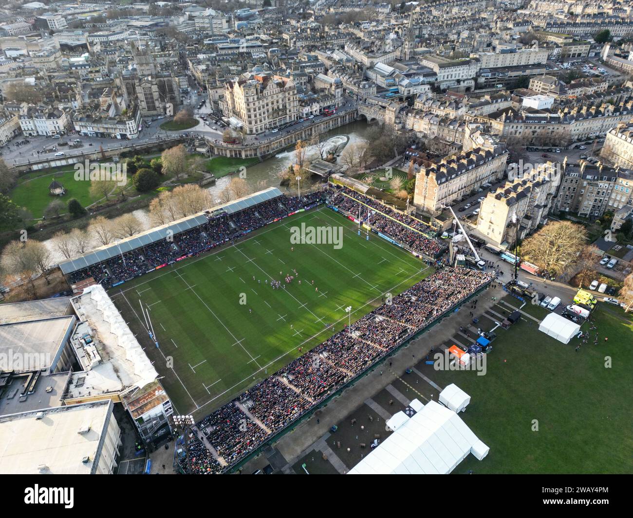 Drone view of Bath v Gloucester during the Gallagher Premiership match at the Recreation Ground, Bath. Picture date: Sunday January 7, 2024. Picture date: Sunday January 7, 2024. Picture date: Sunday January 7, 2024. Stock Photo
