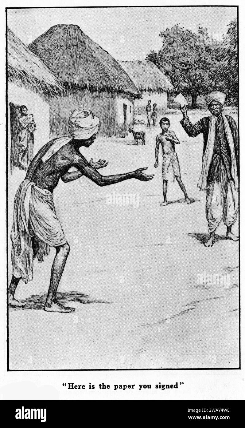 Engraving of a man brandishing a signed piece of paper in India, circa ...