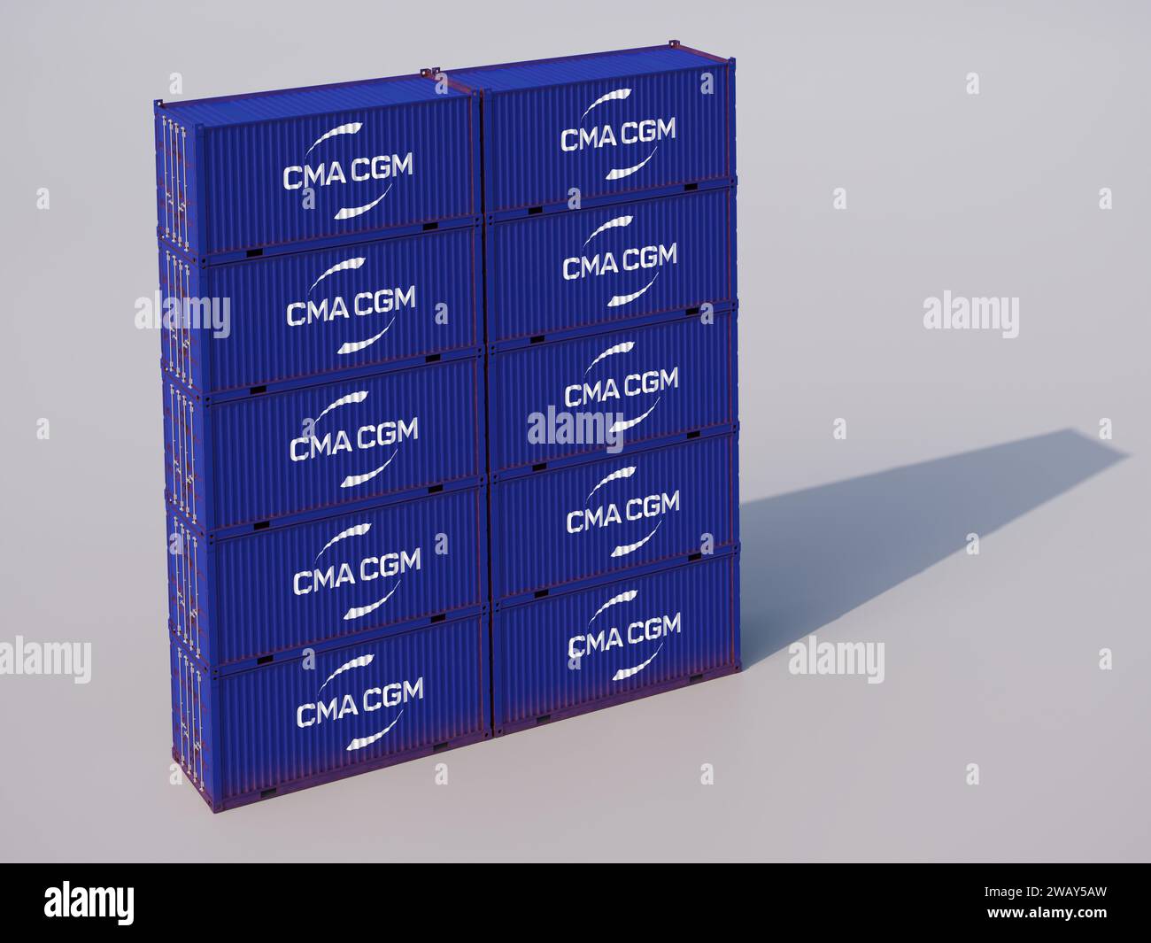 Stacked Containers of one of the five largest container shipping companies: CMA CGM Group Stock Photo