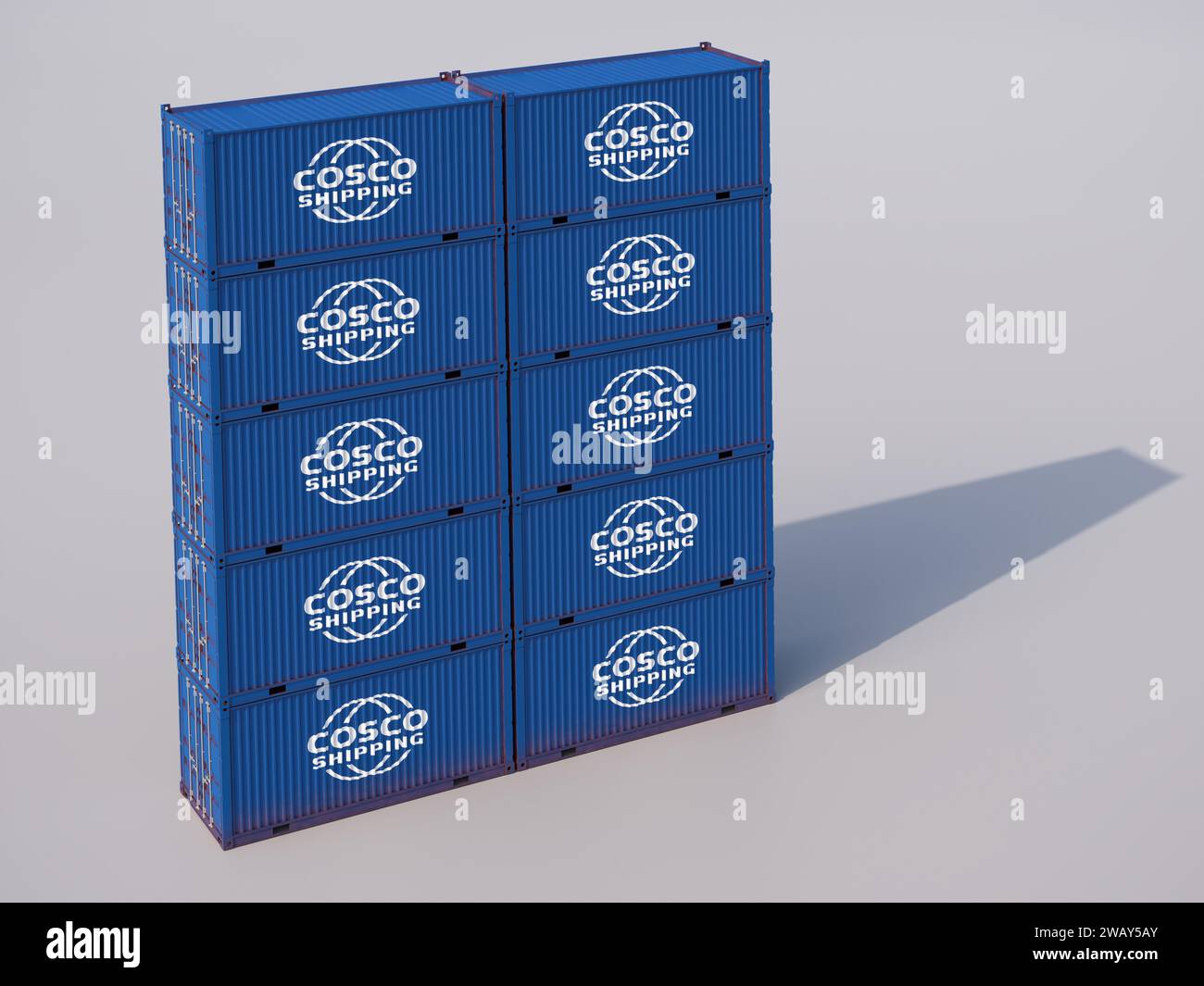 Stacked Containers of one of the five largest container shipping companies: Cosco Shipping Stock Photo