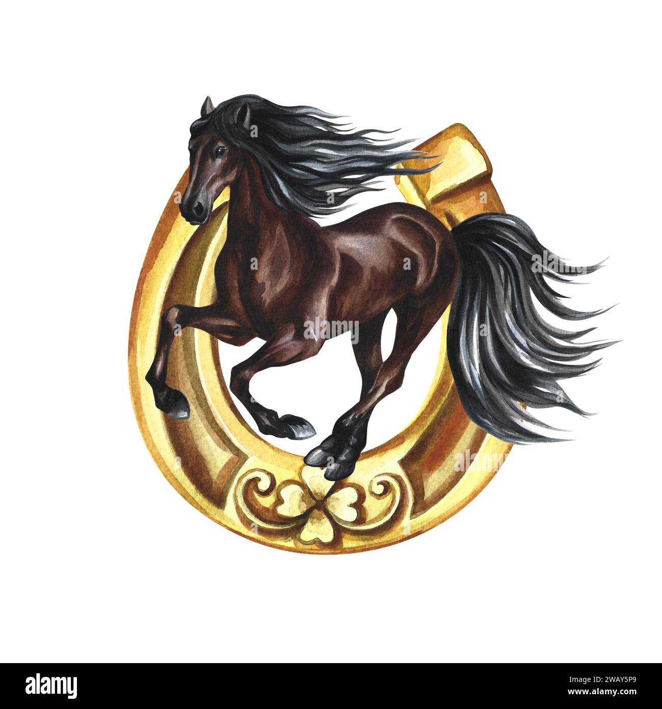 Running horse. Hand watercolor. Brown horse isolate. For printing, stickers and labels. For postcards, business cards and packaging. For banners, post Stock Photo