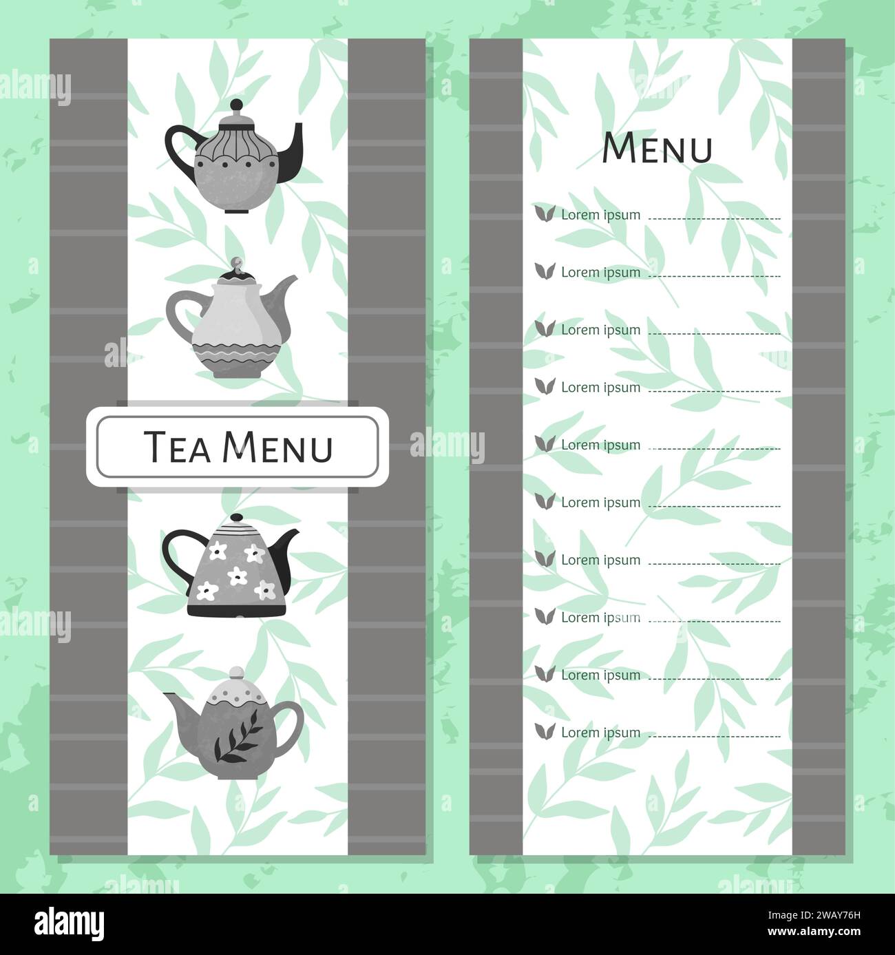 Tea menu. Restaurant bar brochure. Botanical design. Ceramic teapots