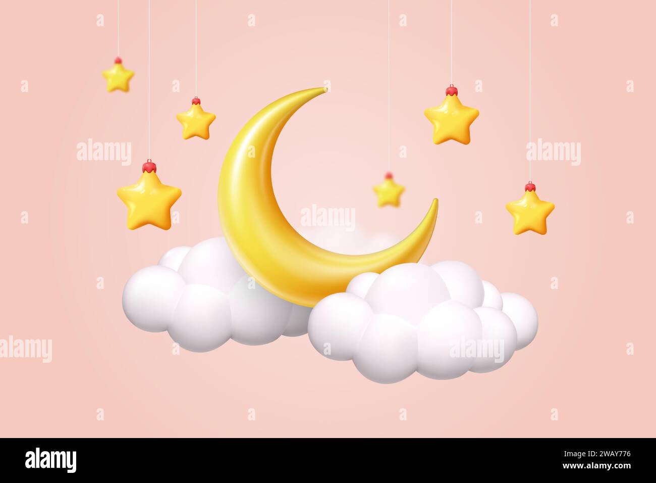 3D moon. Night sleep. Crescent and fluffy clouds. Hanging yellow stars. Baby zzz dream. Weather forecast. Bedtime relaxation. Plastic heaven. Render cloudscape. Space elements. Vector cartoon icons Stock Vector