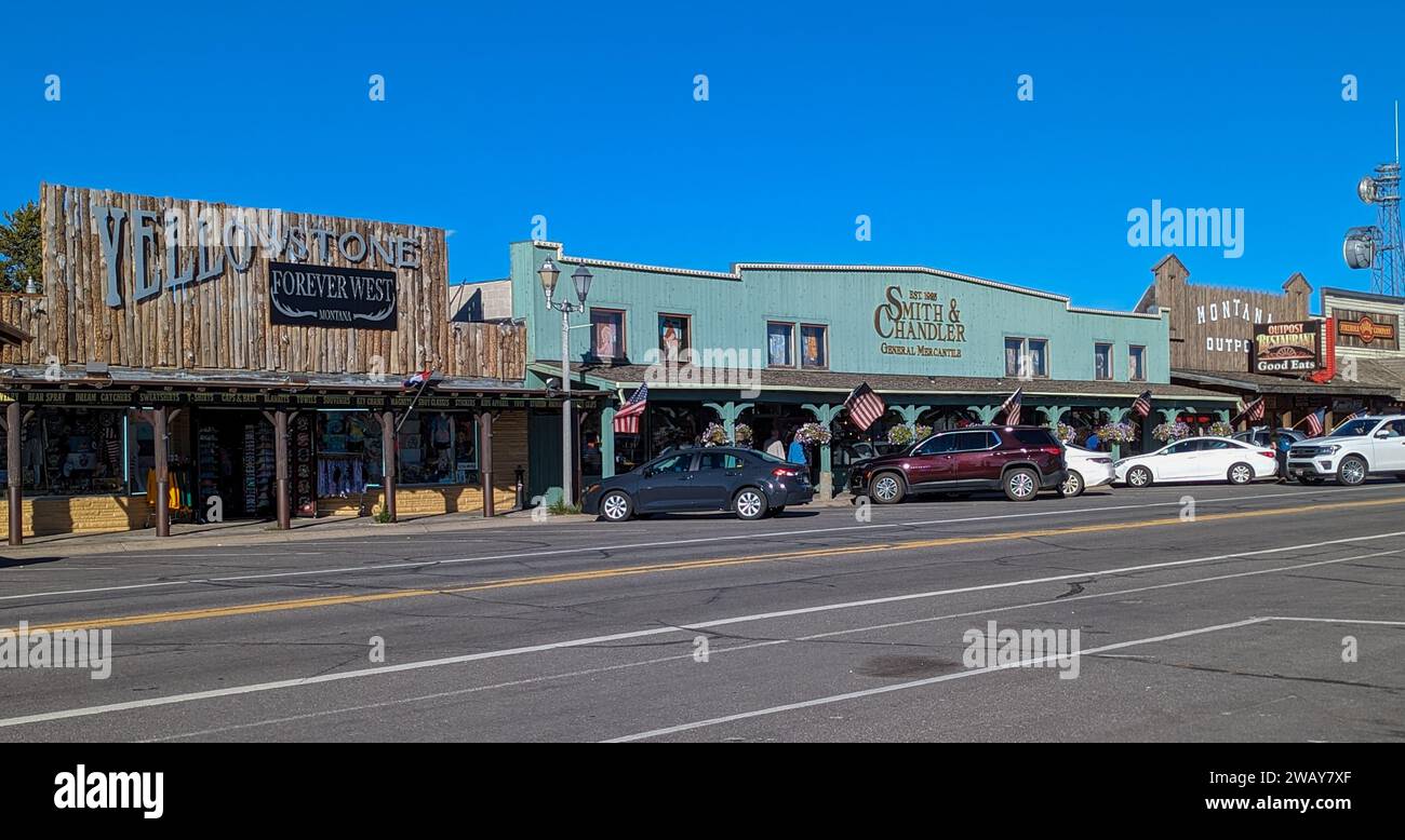 West Yellowstone, MT October 10 2023 Row of stores in the town of