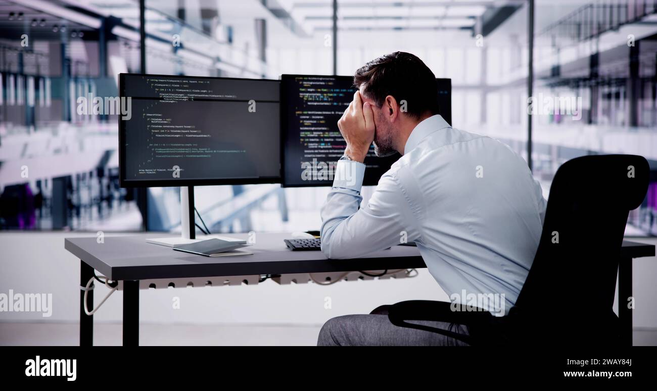 Unhappy Sad Developer Programmer Man In Stress Coding Software On ...