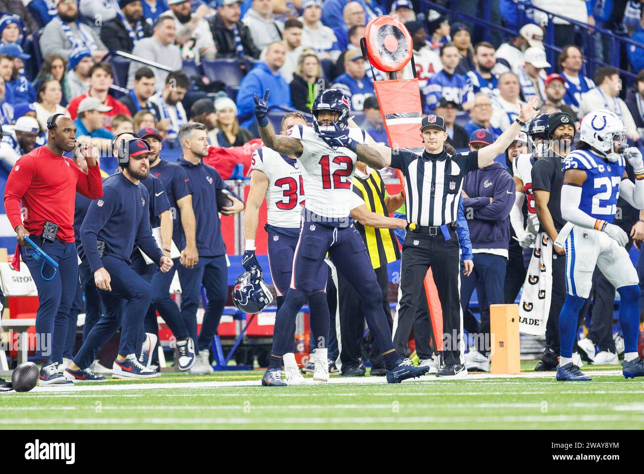 Indianapolis, Indiana, USA. 06th Jan, 2024. Houston Texans wide receiver Nico Collins (12) reacts to first down during NFL game action against the Indianapolis Colts at Lucas Oil Stadium in Indianapolis, Indiana. John Mersits/CSM/Alamy Live News Stock Photo