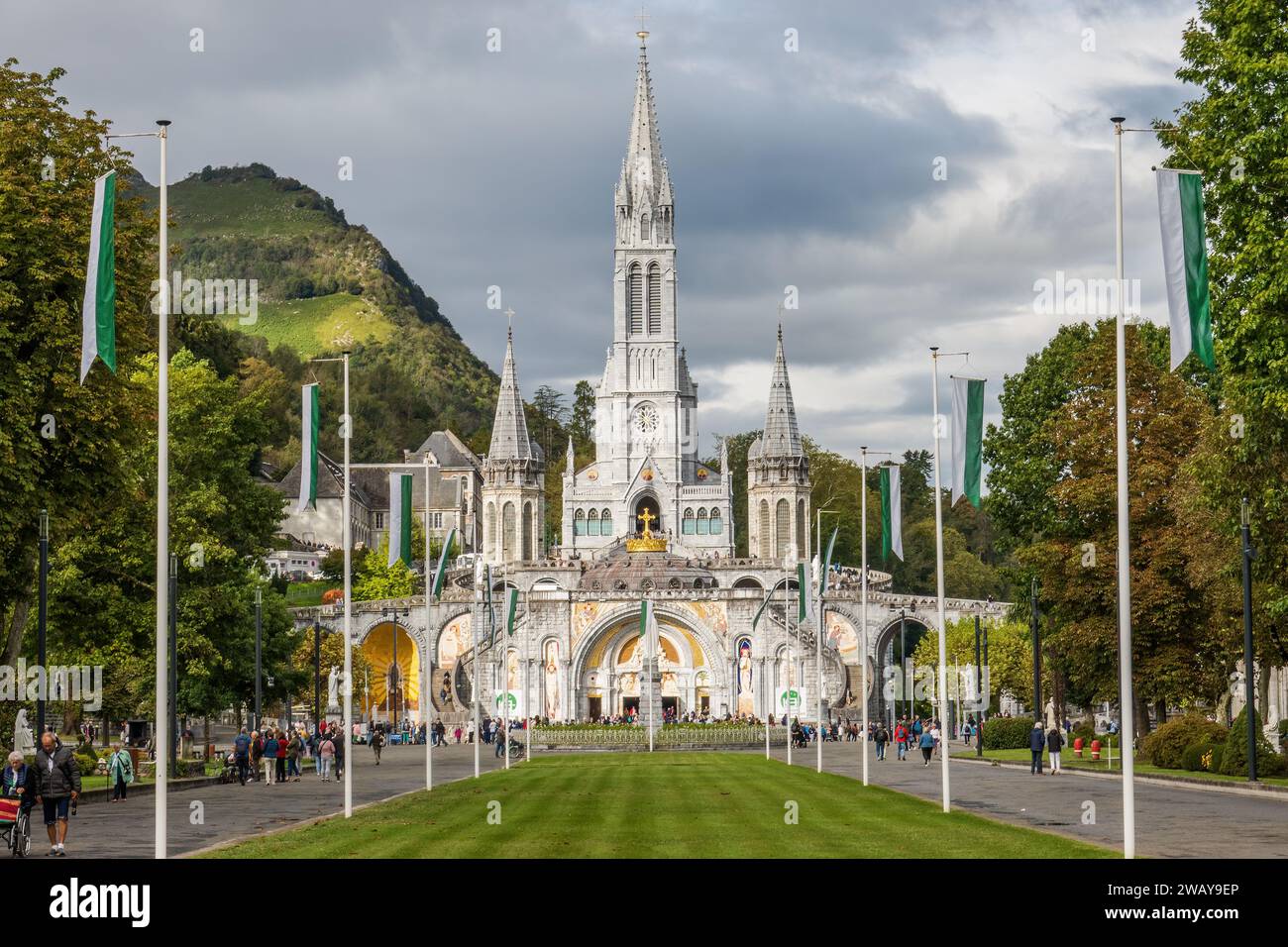 Sanctuary of Our Lady of Lourdes, the Rosary Basilica. Catholic Marian shrine and pilgrimage site dedicated to Our Lady of Lourdes in Lourdes, France. Stock Photo