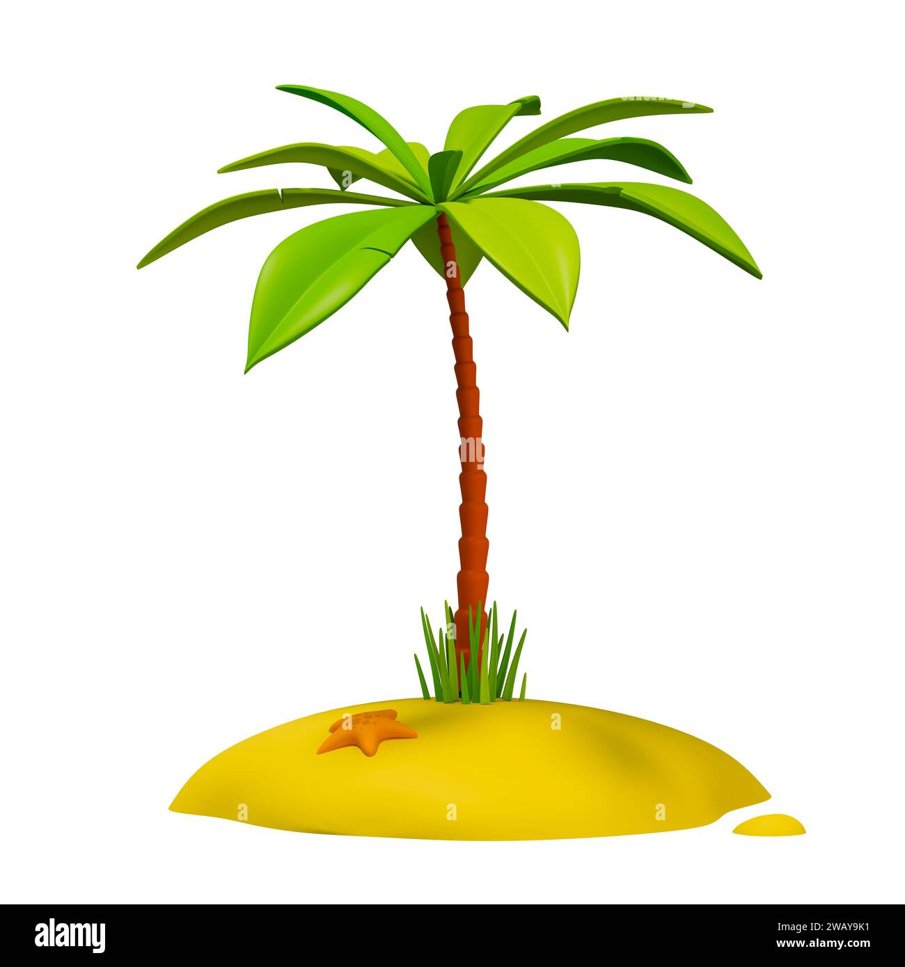 3d rendering of a small tropical island with palm tree in the middle and star fish on a sand isolated on white background Stock Photo