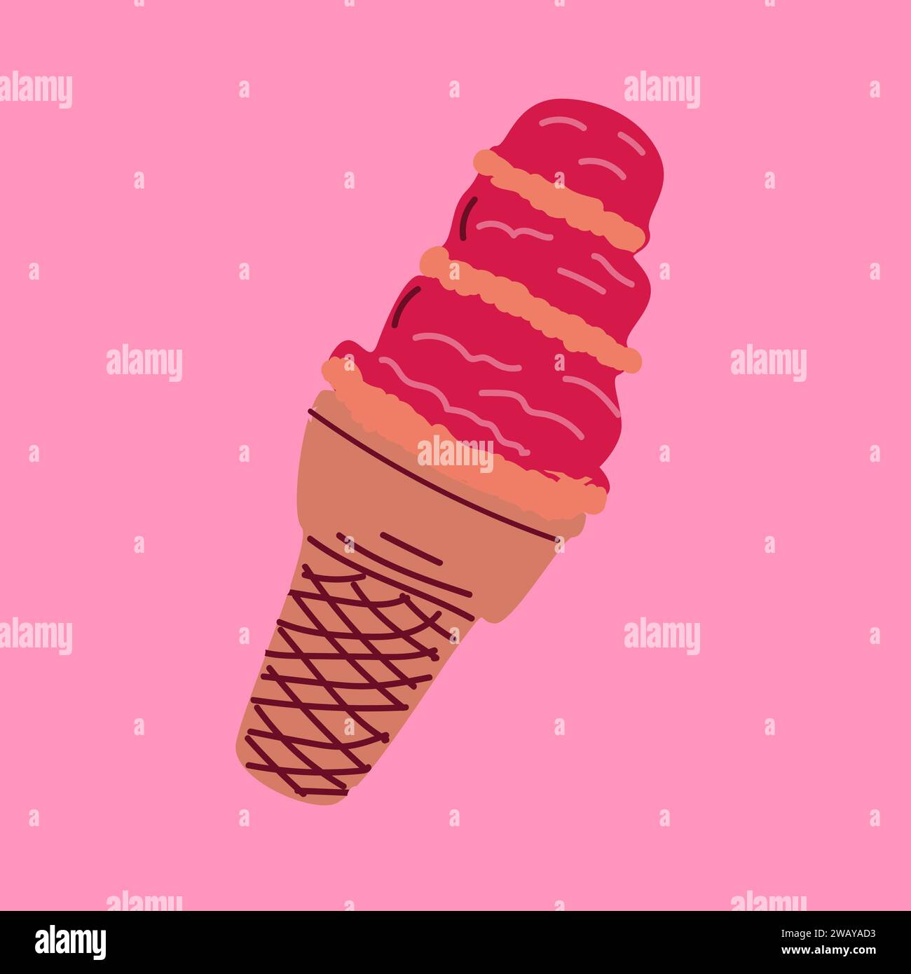 red ice cream in waffle cone - cartoon hand drawn sketch. Vector ...