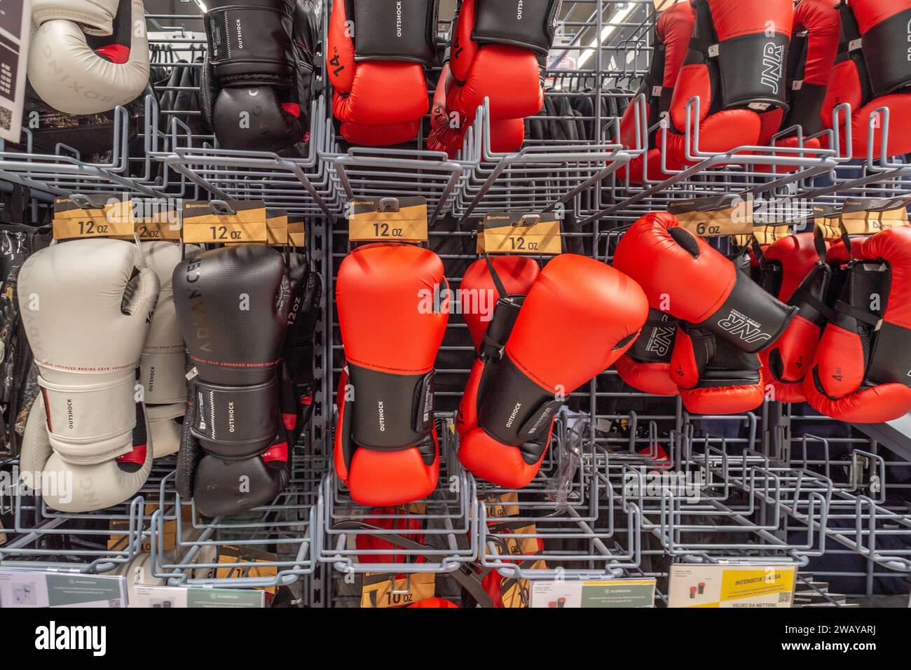 Italy November 15, 2023 Boxing gloves displayed on shelves for sale