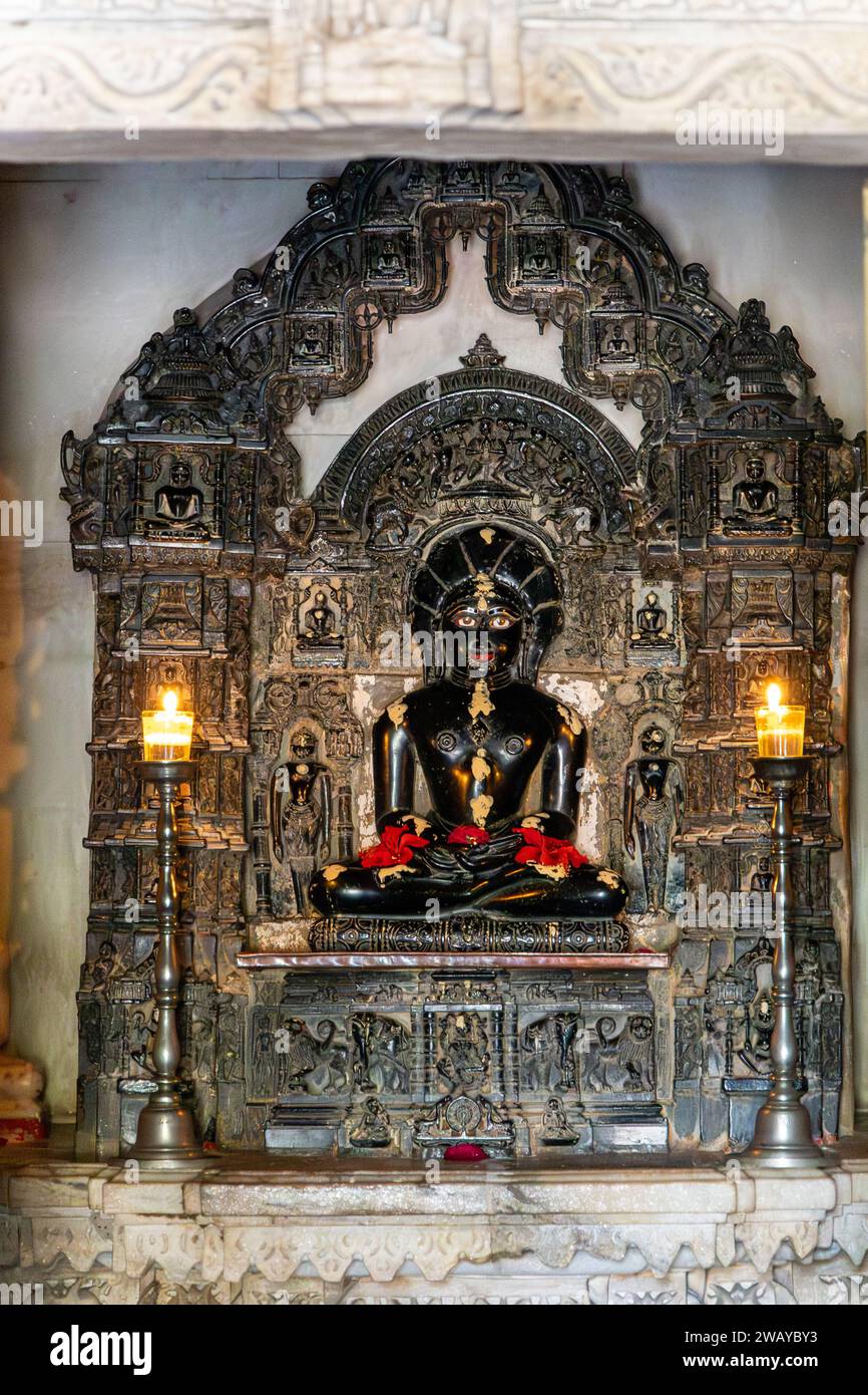 jain holy god statue at jain temple from flat angle image is taken at ranakpur jain temple