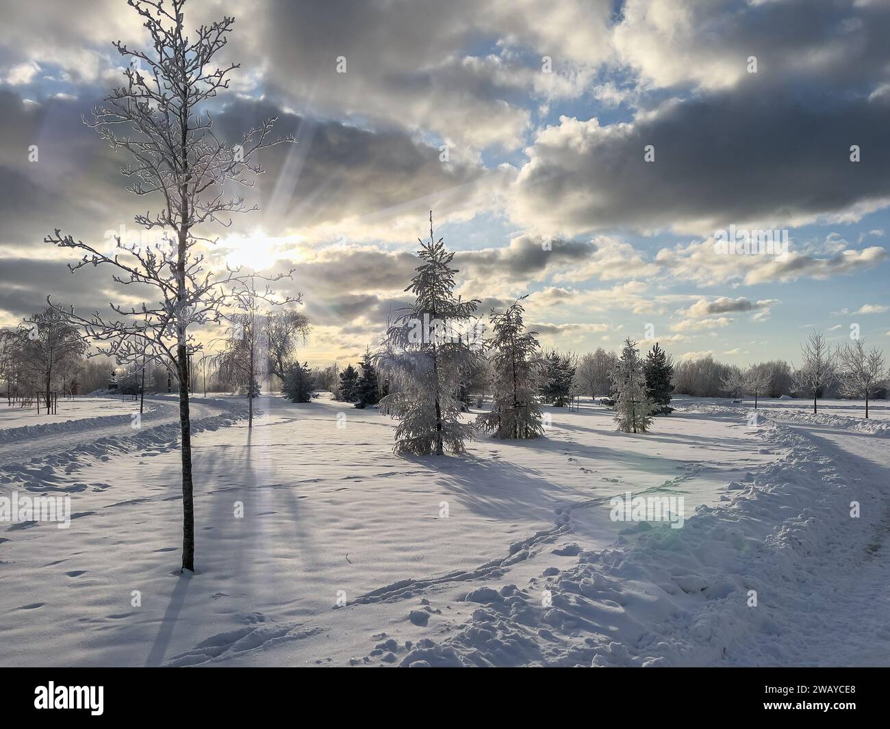 Sunny and cold winter day in the city park. Lots of snow, deep snow, cloudy skies and sun rays through the clouds. Stock Photo