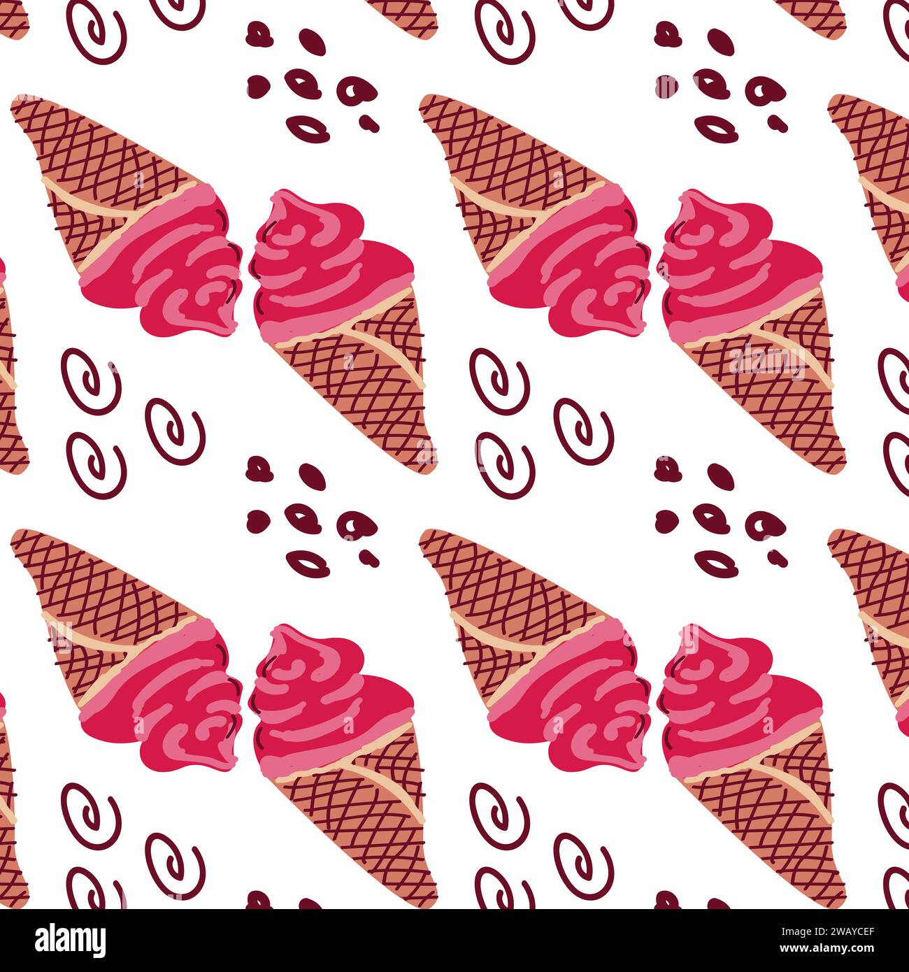 seamless pattern with ice cream in waffle cone with simple shapes on ...