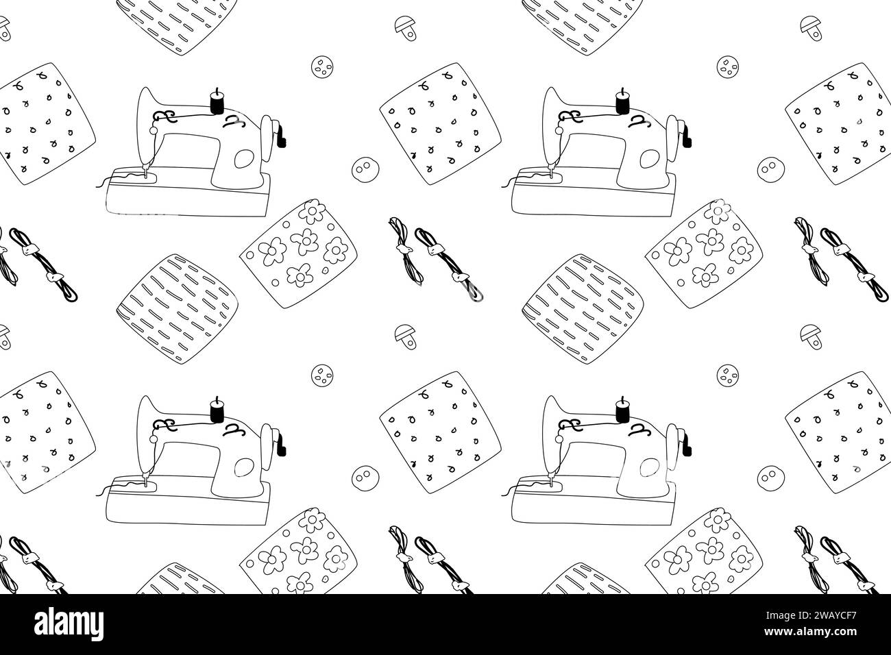 sewing outline background with sewing machine. Vector illustration isolated. Can used for textile, wrapping paper, poster, backdrop.  Stock Vector