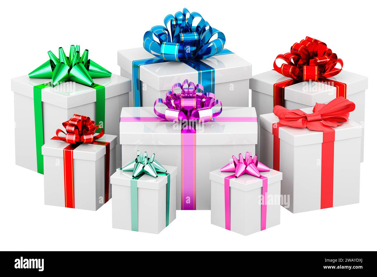 Gift Boxes with colored bows and ribbons, 3D rendering isolated on ...