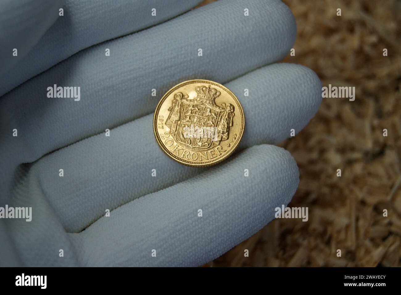20 Kroner Christian X 1917. An old gold Danish coin in the hands of a numismatist. Stock Photo