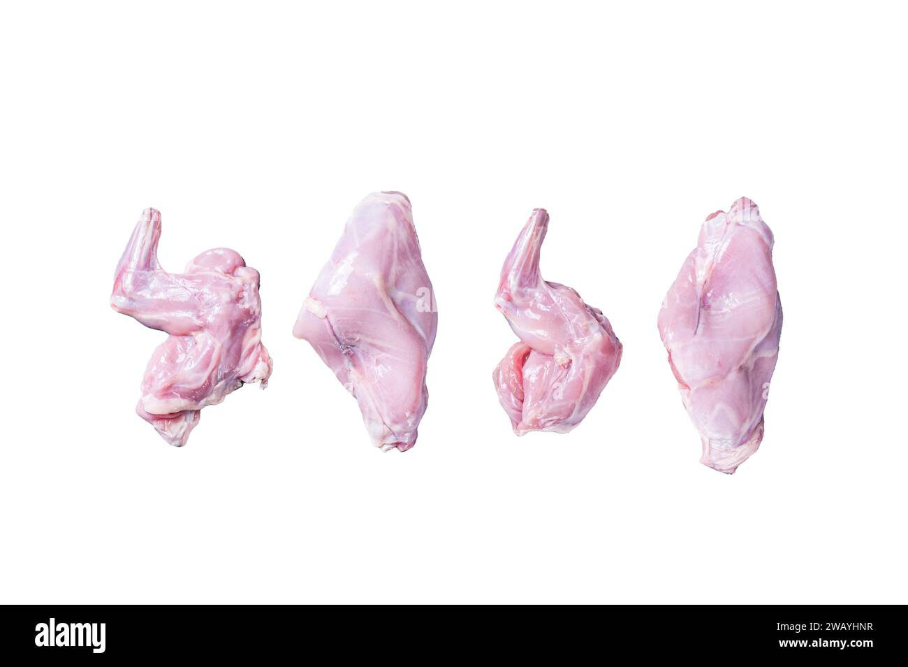Raw rabbit legs slices Isolated on white background, top view Stock Photo