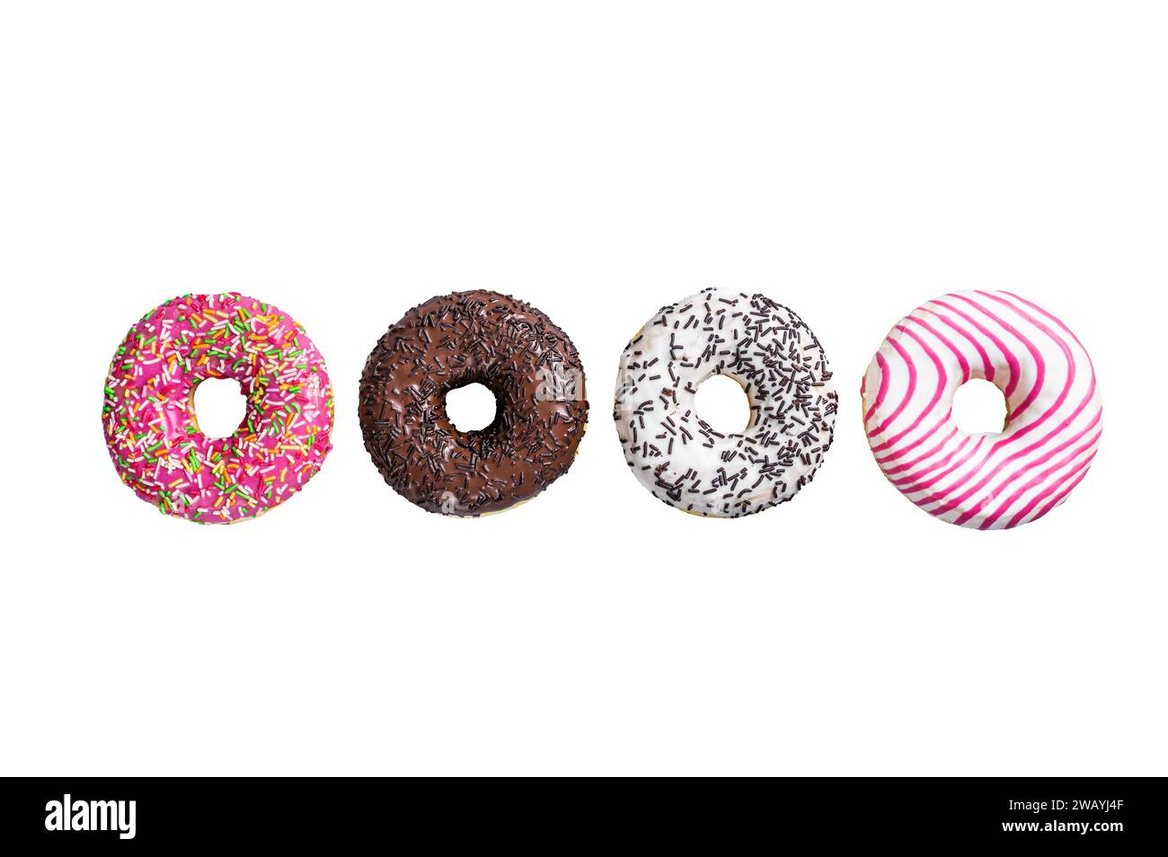 Assorted glazed donuts Isolated on white background, top view Stock Photo