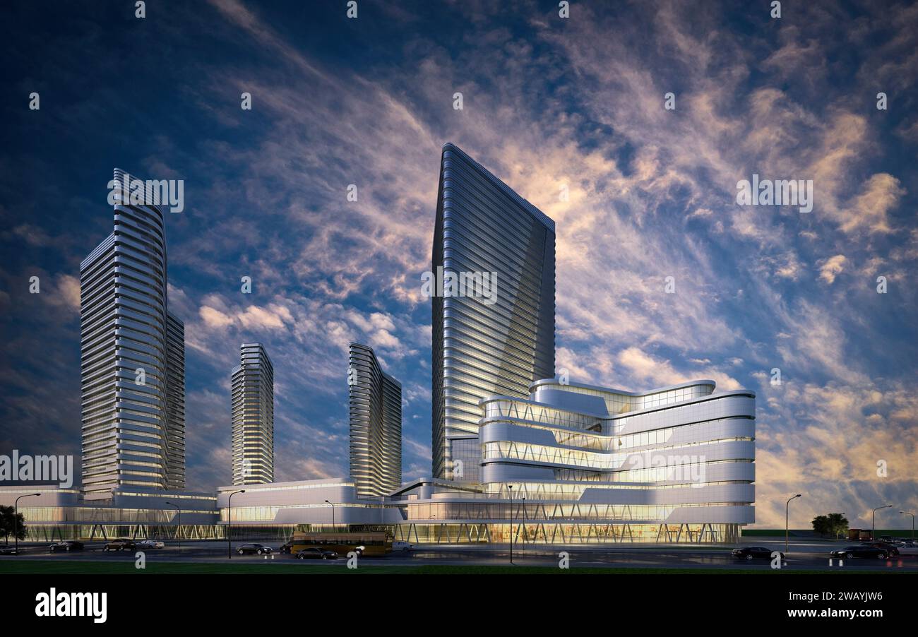 3d render of skyscrapers and shopping mall exterior view Stock Photo