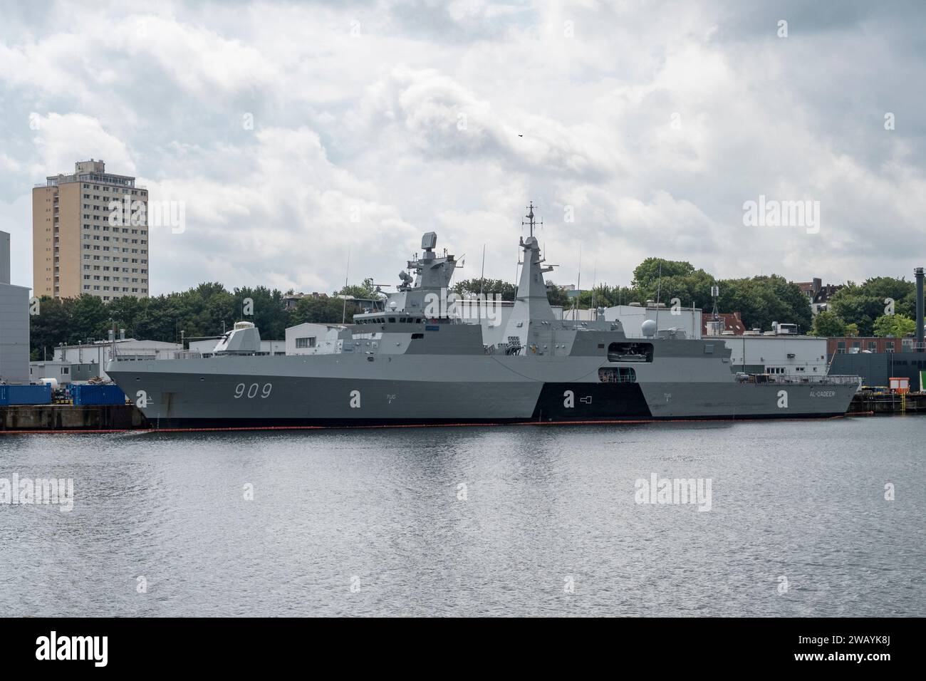 The ENS Al-Qadeer, an Al-Aziz-class frigates of the Egyptian Navy, moored in the harbour in Kiel, Germany. Stock Photo