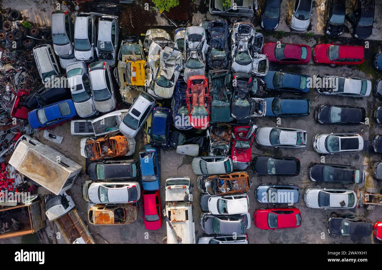 Car compound for scrap metal recycling viewed from above Stock