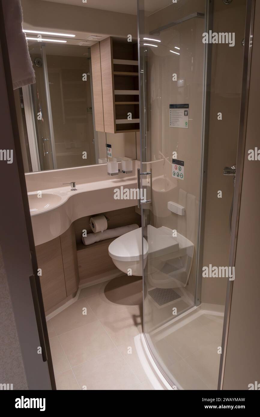 View of the bathroom and toilet on interior cabin on the MSC Euribia sailing in Northern Europe (July 23). Stock Photo