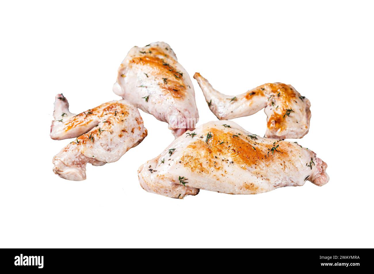 Cook Rabbit Legs Baked rabbit legs on a grill with thyme. Isolated on white background ...
