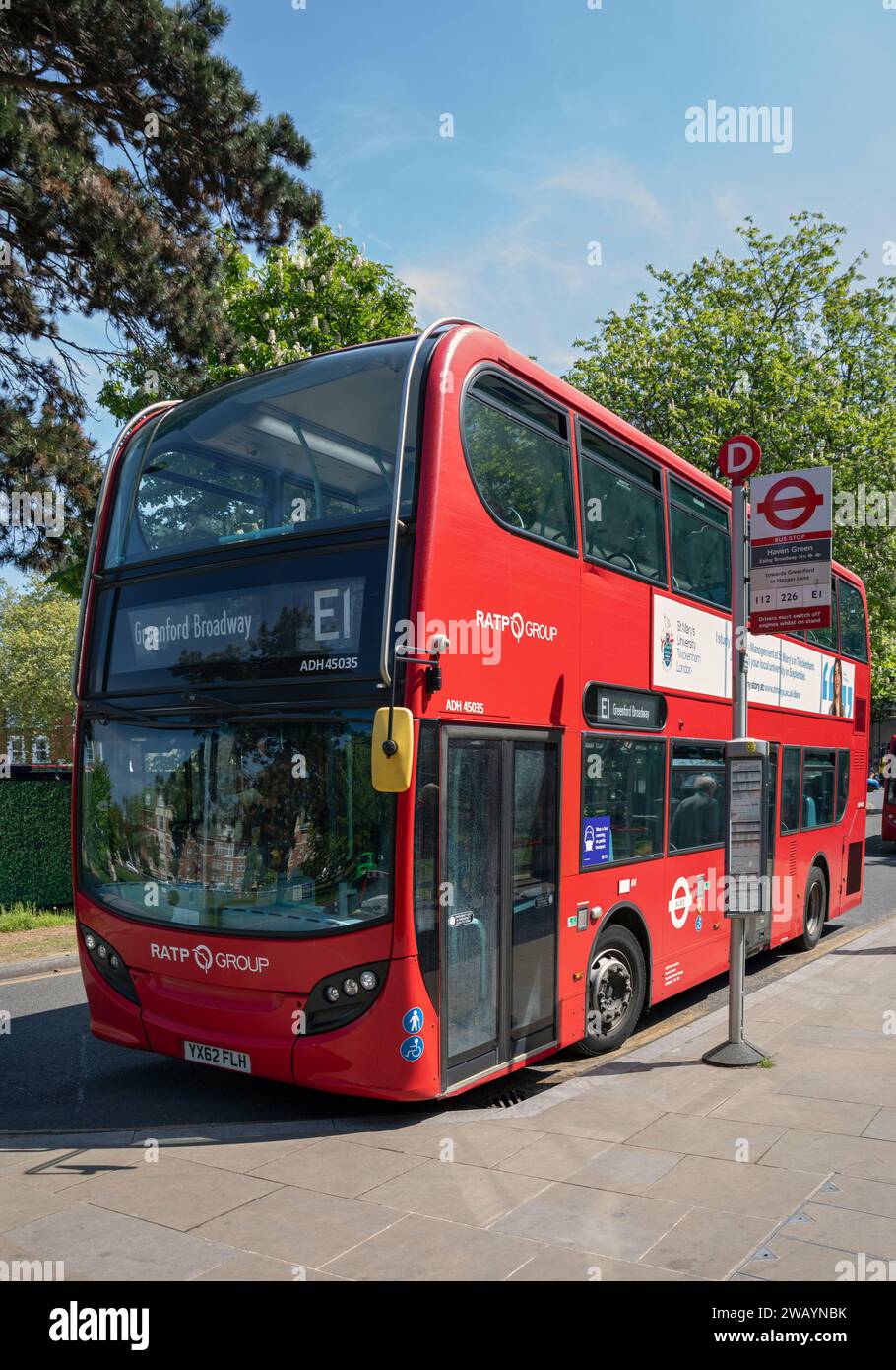 UK, England, London, Ealing Broadway, A Red DoubleDecker Bus stopping at Haven Green Bus Stop