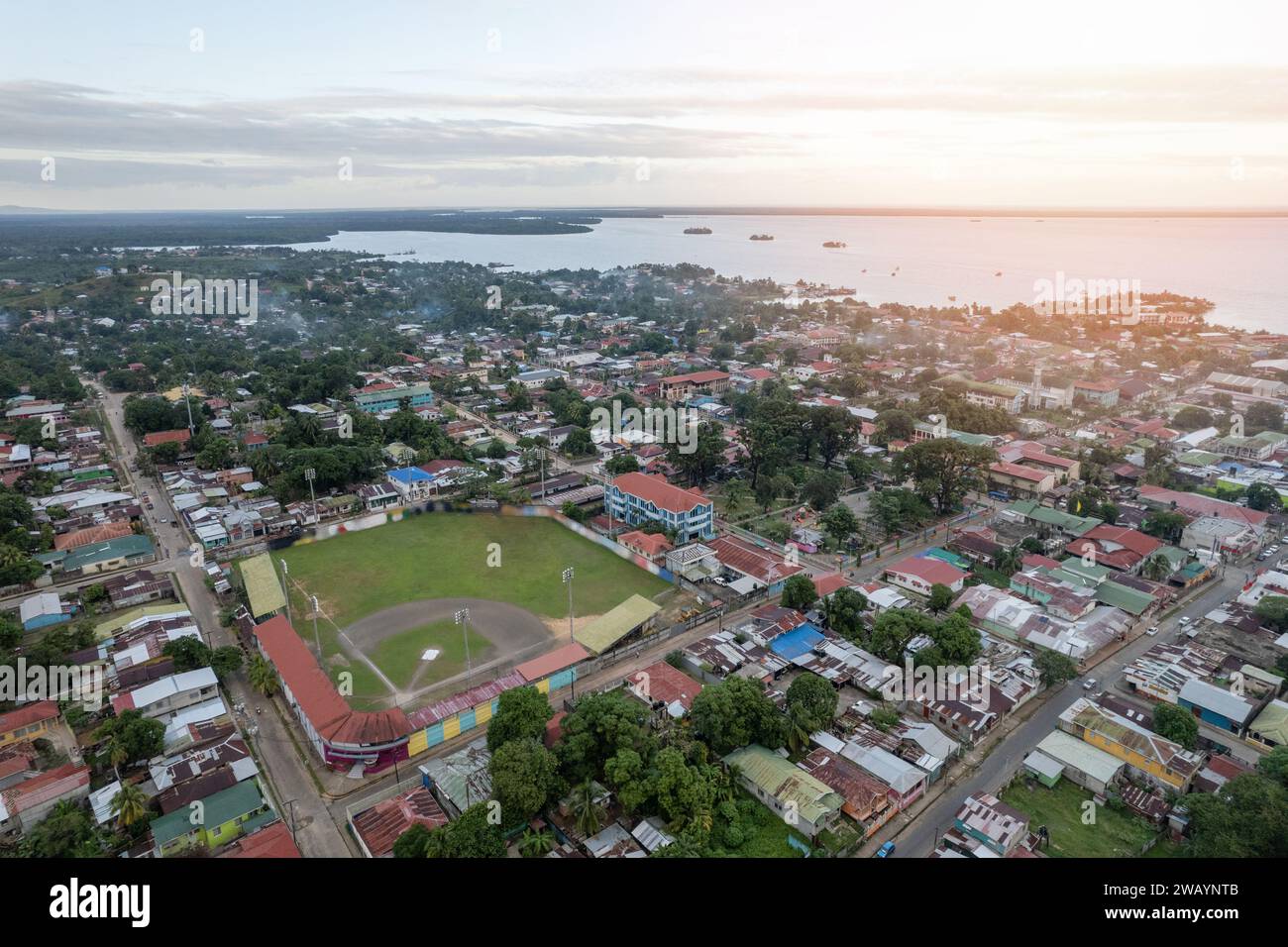 Baseball stadium in Caribbean town aerial drone view Stock Photo