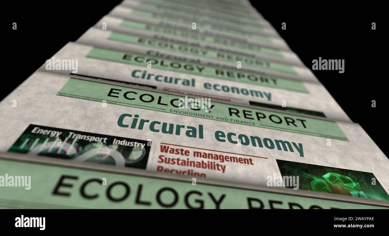 Circular economy and ecology zero waste industry vintage news and newspaper printing. Abstract concept retro headlines 3d illustration. Stock Photo