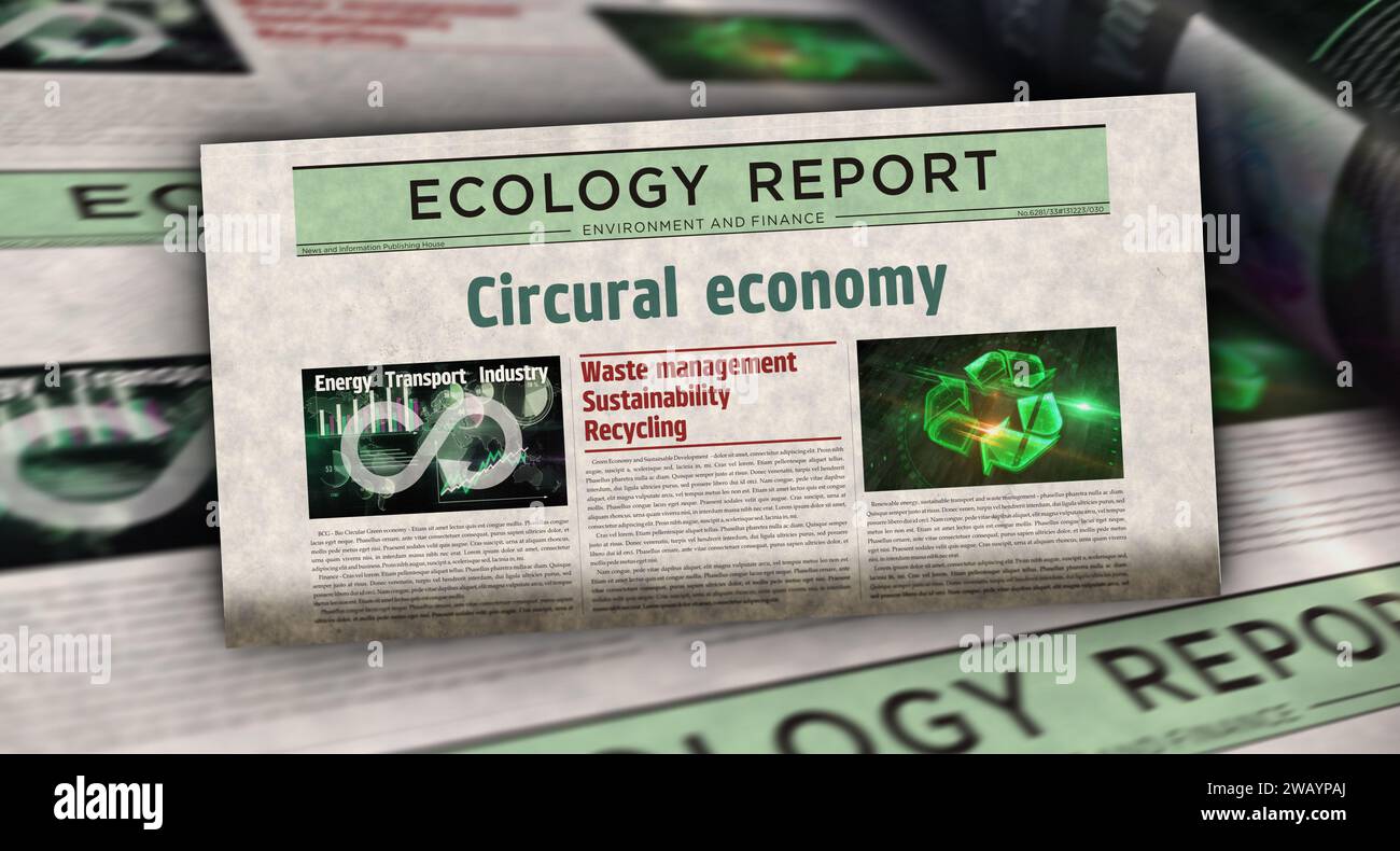 Circular economy and ecology zero waste industry vintage news and newspaper printing. Abstract concept retro headlines 3d illustration. Stock Photo