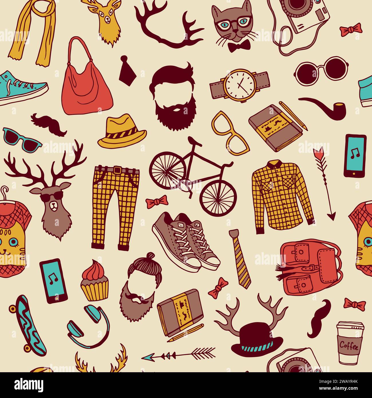 Hipster pattern. Beard sneakers mustache gadgets. Vector seamless background Stock Vector